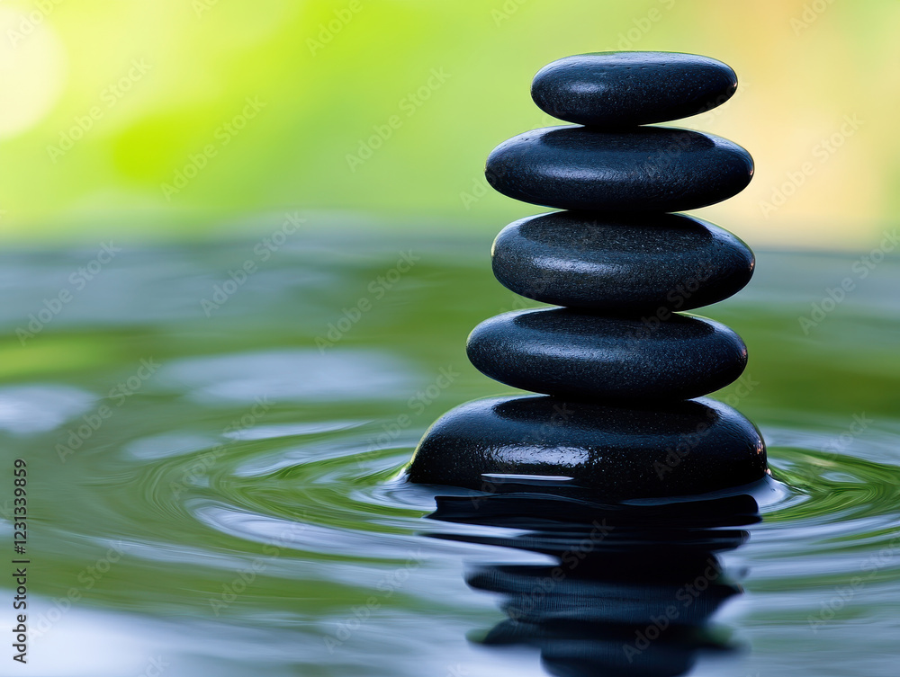 Serene stacked stones on calm water create peaceful Zen garden atmosphere, promoting relaxation and mindfulness. gentle ripples enhance tranquil setting Serene stacked stones on calm water create peaceful Zen garden atmosphere, promoting relaxation and mindfulness. gentle ripples enhance tranquil setting