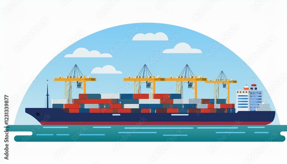 Fototapeta premium Cargo ship in port. Metropolis cargo seaport Vector illustration in flat design.