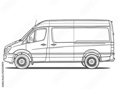 Minimalist Blueprint Style Line Drawing of a Professional Commercial Cargo Van for Kids  Coloring Activity