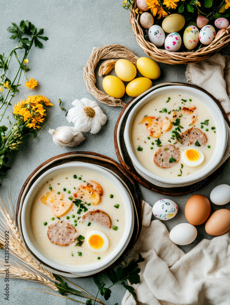 Obraz premium A beautifully decorated Easter table set for a zurek traditional Polish Easter meal. AI generative.