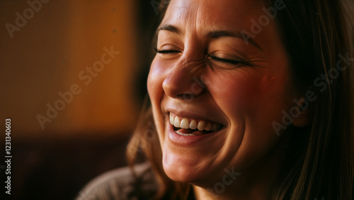 Close-Up of a Joyful Woman Laughing with Warm Expression.