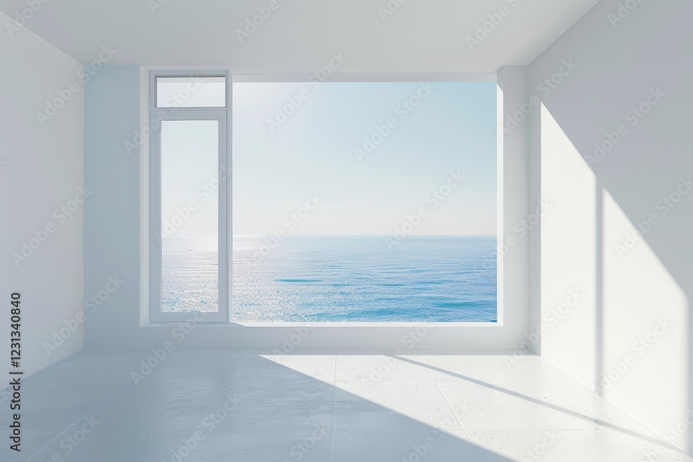 Obraz premium Minimalist ocean view: sunlit room with large window overlooking tranquil sea horizon.
