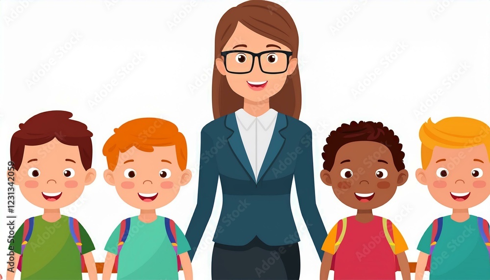 teacher and students. school children group and young teacher woman Vector illustration in flat design.