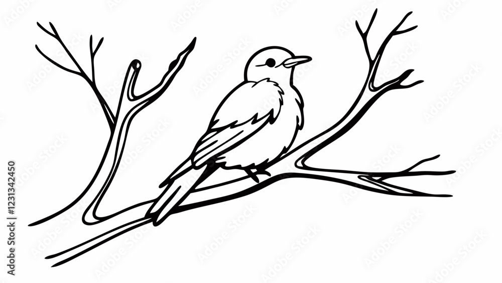 Fototapeta premium Bird on a tree branch, black line art illustration, simple monochrome vector