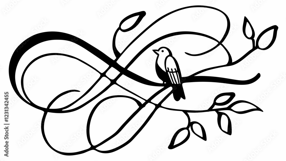Minimalist bird on an infinity branch with leaves. Minimalist bird on an infinity branch with leaves.