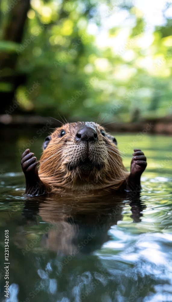 Friendly beaver enjoying a swim in a tranquil forest stream.