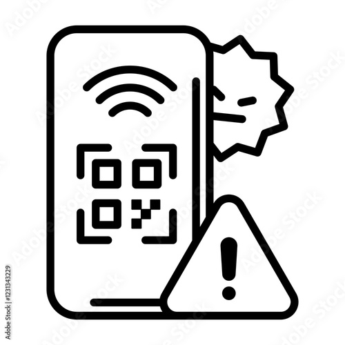 Image icon warning of fraud. Includes a recognized QR code, a warning symbol and a virus.