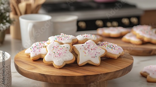 Iced star cookies on wood, kitchen background photo