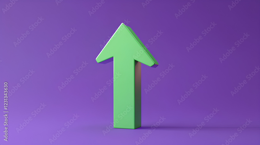 Green arrow growing up. Minimal Cartoon Success Green arrow up soaring finances icon isolated on purple background. Finance business economics progress concept Green arrow growing up. Minimal Cartoon Success Green arrow up soaring finances icon isolated on purple background. Finance business economics progress concept