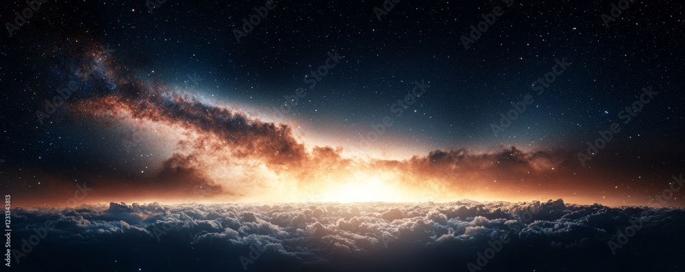 Naklejka premium A breathtaking cosmic scene featuring a vibrant horizon, stars, and clouds, evoking a sense of wonder and the vastness of the universe.