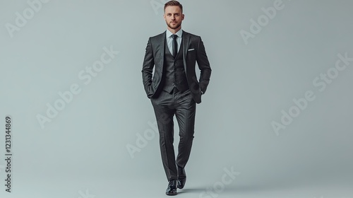 A handsome man in a sharp gray three piece suit posing against a light gray background photo