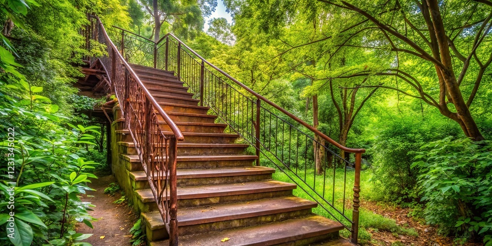 Ancient Rusted Staircase in Lush Garden Path with Overhanging Greenery Ancient Rusted Staircase in Lush Garden Path with Overhanging Greenery