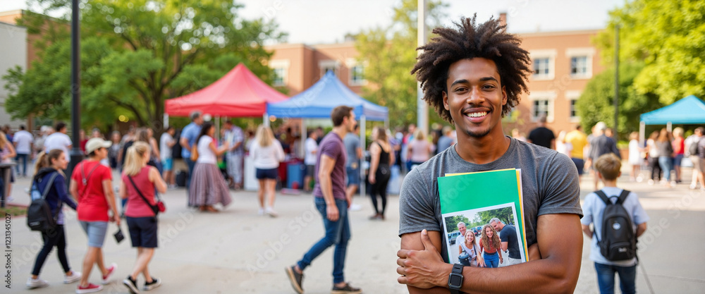 Obraz premium Joyful young black male visiting campus open day in vibrant courtyard, college exploration
