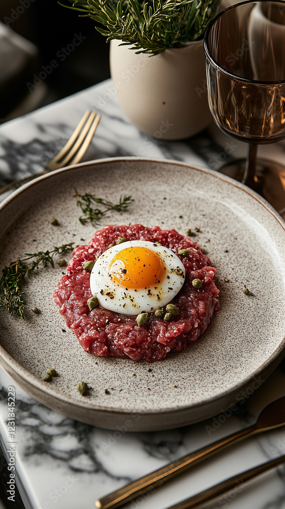 Gourmet beef tartare topped with a poached egg Gourmet beef tartare topped with a poached egg
