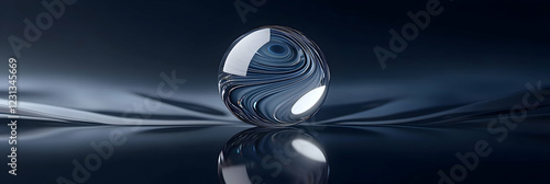 Abstract orb with reflective swirls floating on a navy blue base