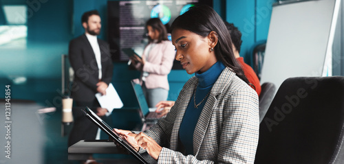 Reading, serious and woman with tablet, office and analysis of trends for trading and data analyst. Corporate, people and statistician with info for investment, research or planning for stock market