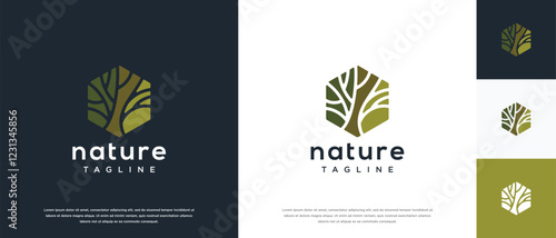 Nature tree logo design. Hexagon nature tree logo template. Nature logo symbol icon