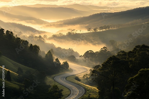 Winding Road Through Misty Mountain Valley Sunrise photo