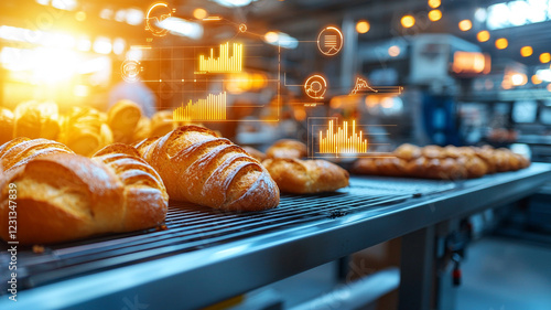 Modern Bakery Production Line with Data Analytics Overlay Freshly Baked Bread and Pastries