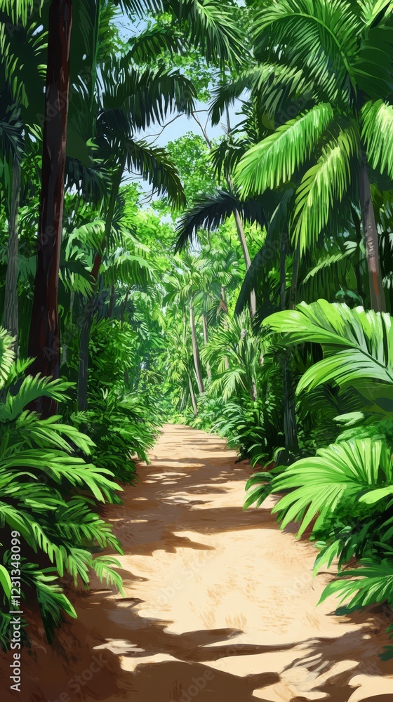 Sun-dappled dirt path winding through a lush, verdant tropical forest Sun-dappled dirt path winding through a lush, verdant tropical forest
