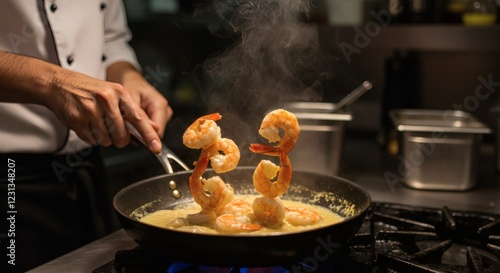 Delicious Shrimp in Creamy Sauce Cooking in Pan photo