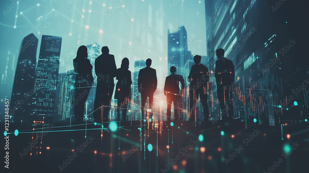 Obraz premium Professional business team working on a project together in the office Using innovation economic growth charts and network connections to accompany the data. in analyzing future trends