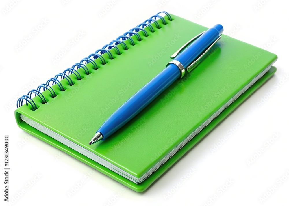 Modern Stationery Items: Green Plastic Ball Pen with Blue Notebook Modern Stationery Items: Green Plastic Ball Pen with Blue Notebook