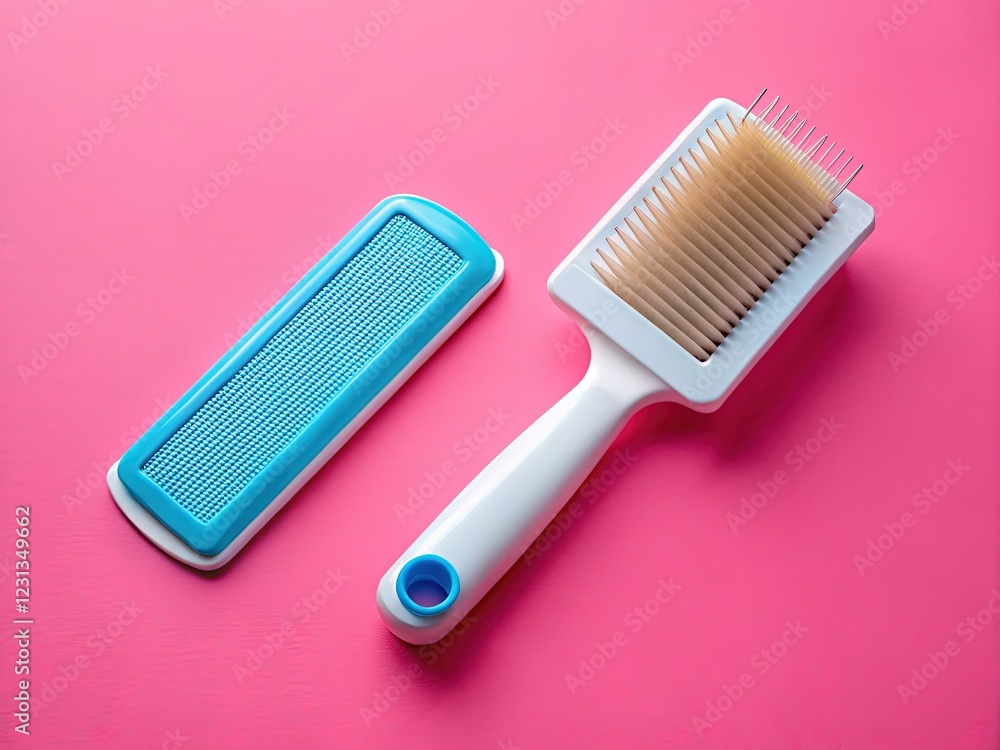 White Pet Grooming Comb & Brush with Blue Handle on Pink Background - Perfect for Pet Salons