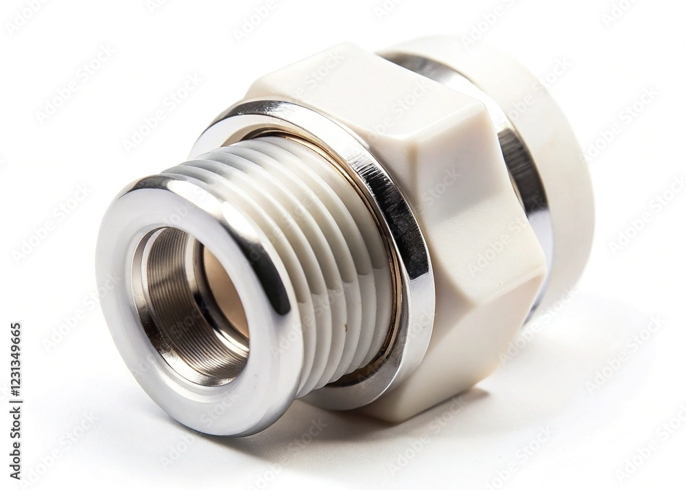 White Metalplastic Angle Press Fitting Pipe Collet Connector With G1/2 Thread On White Background White Metalplastic Angle Press Fitting Pipe Collet Connector With G1/2 Thread On White Background