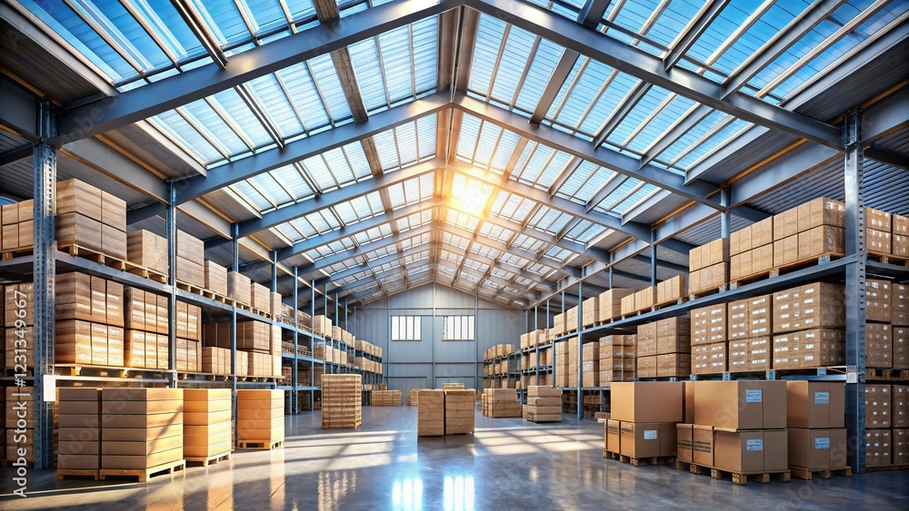 Warehouse Interior with Cardboard Boxes and Skylights for Industrial Storage and Logistics Warehouse Interior with Cardboard Boxes and Skylights for Industrial Storage and Logistics