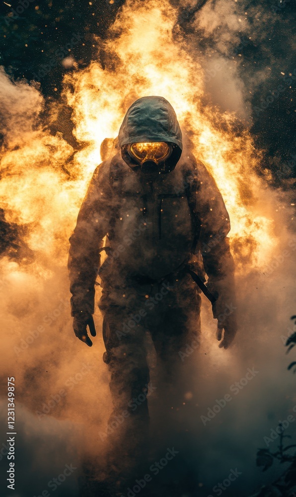 Fire-engulfed figure walks confidently through dense smoke in forest Fire-engulfed figure walks confidently through dense smoke in forest