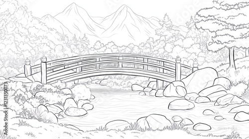 Wallpaper Mural Serene arched bridge over stream, mountain backdrop, peaceful nature scene; ideal for meditation, travel, or game design Torontodigital.ca