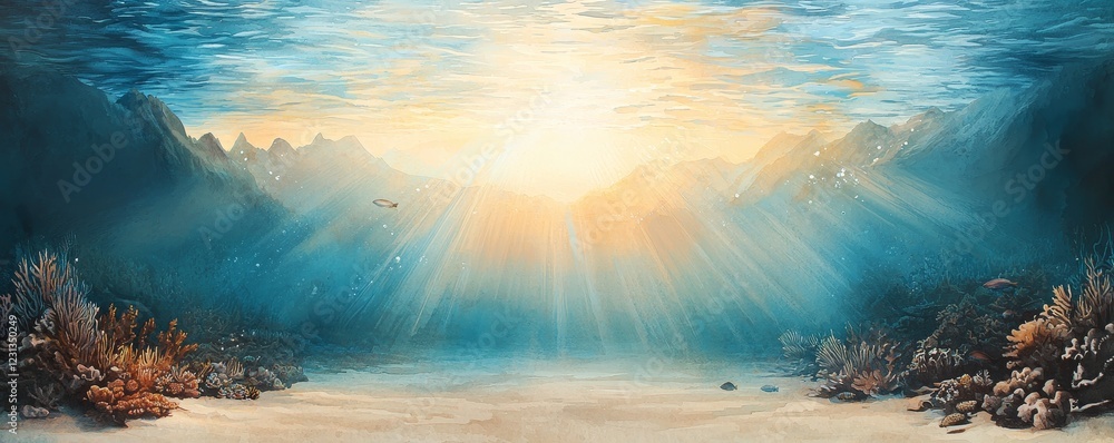 Fototapeta premium A serene underwater scene illuminated by sunlight, showcasing vibrant corals and marine life, creating a tranquil and enchanting atmosphere.