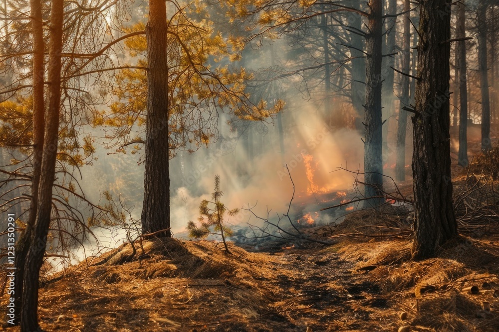 A dramatic scene of a forest fire burning through a pine forest. Smoke and flames fill the air, illuminating the trees. A dramatic scene of a forest fire burning through a pine forest. Smoke and flames fill the air, illuminating the trees.
