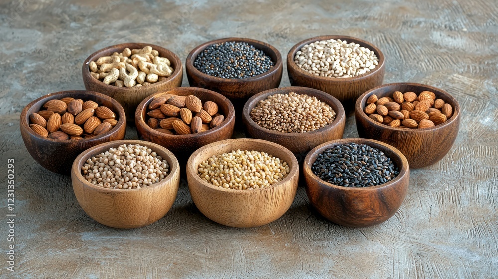 Assorted nuts and grains in wooden bowls for cooking.