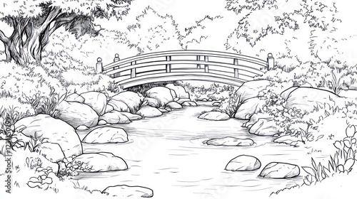 Wallpaper Mural Serene garden bridge over stream, rocks, lush foliage;  Zen landscape design Torontodigital.ca