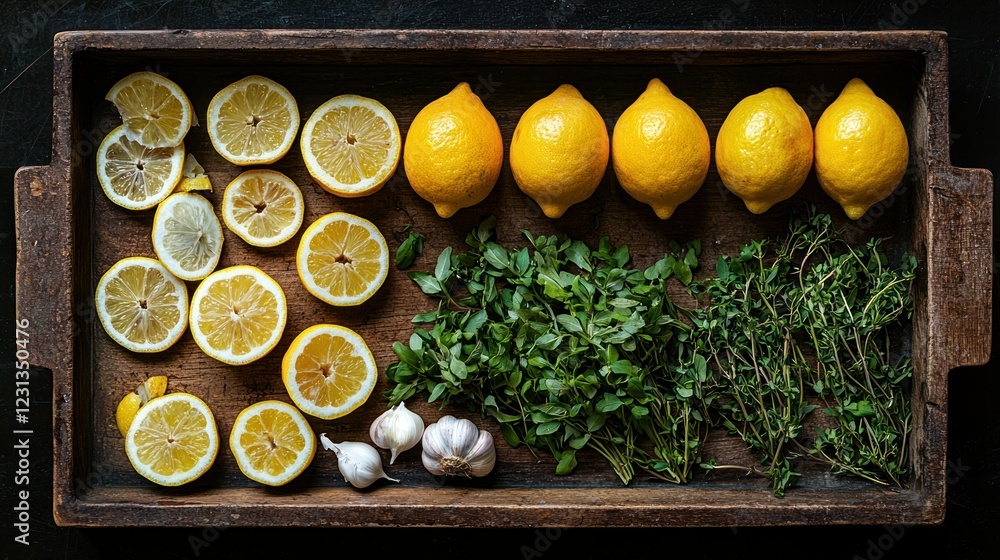 Sliced lemons, garlic, and herbs for cooking.