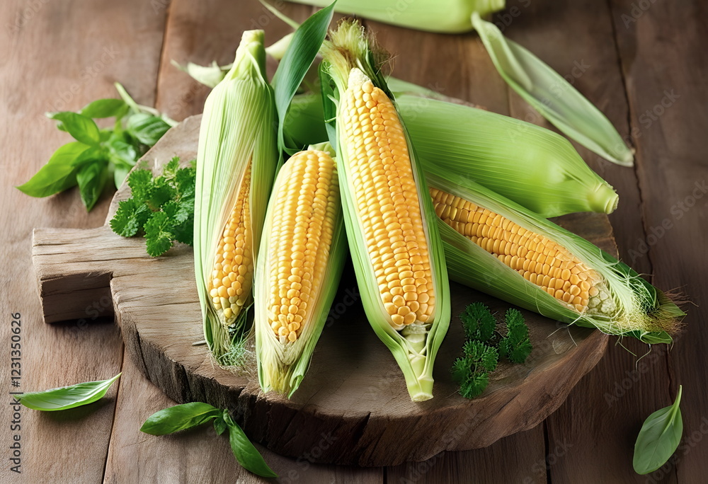 Freshly harvested corn cobs arranged on a rustic wooden board with green herbs Freshly harvested corn cobs arranged on a rustic wooden board with green herbs