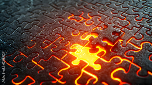 Puzzle piece lying on an incomplete, glowing puzzle board photo