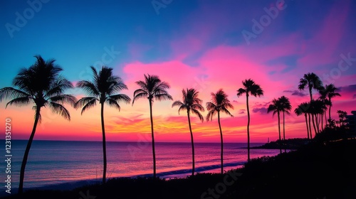 Beautiful tropical sunset with vivid colors and palm tree silhouettes along the ocean shore.