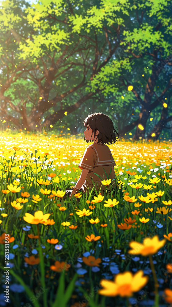 Radiant Young Woman Enjoying the Sunshine Among Yellow Flowers and Lush Trees in a Meadow on a Tranquil Day Spring Illustration