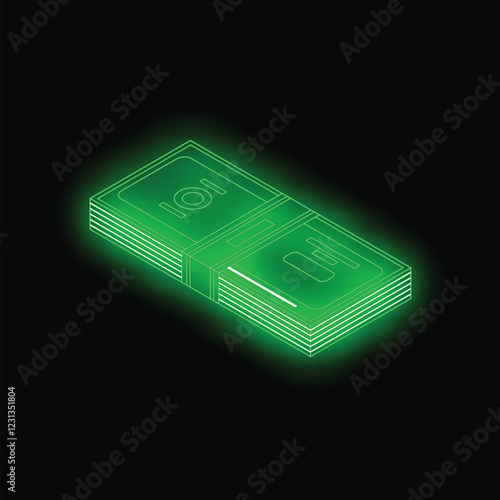 Stylized illustration of a stack of banknotes glowing green against a dark background