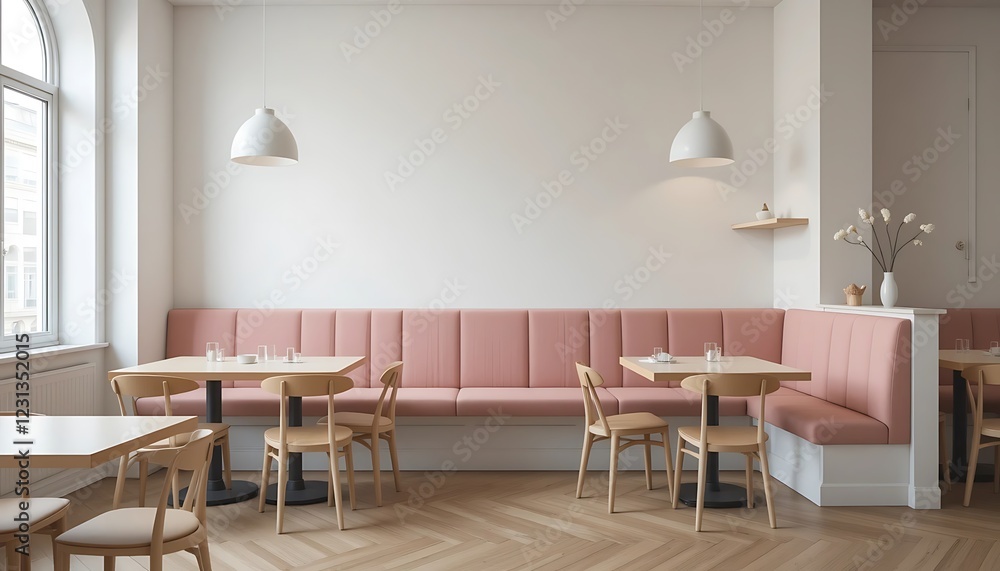 Fototapeta premium Minimalist Pink Restaurant Booth Seating with Light Wood Tables and Chairs, Modern Interior Design