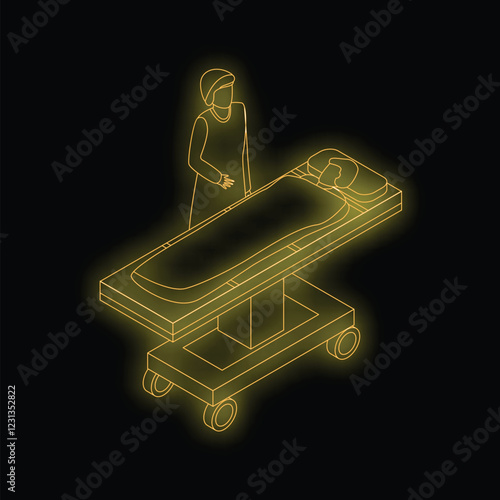 Neon illustration of a female doctor standing near a patient lying on a medical gurney
