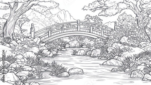 Wallpaper Mural Serene Asian garden bridge, tranquil stream, mountain backdrop; coloring book page Torontodigital.ca