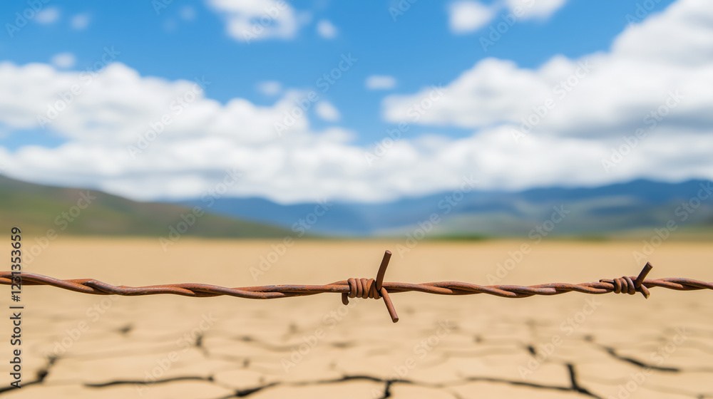 Naklejka premium rusty barbed wire fence stretches across dry cracked landscape under blue sky with clouds