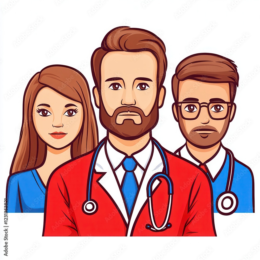 Pixel Art Portrait of Healthcare Team Man in Red Coat, Woman and Man in Scrubs Pixel Art Portrait of Healthcare Team Man in Red Coat, Woman and Man in Scrubs