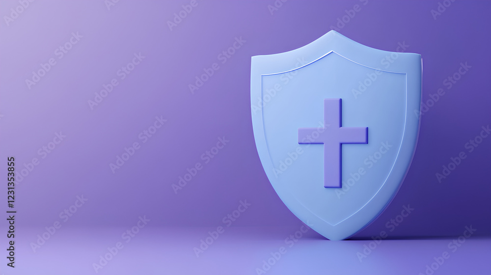 Obraz premium Shield with a cross icon symbol on isolated purple background. Protection of health from diseases. Healthcare security insurance medical concept. 3d Minimal insurance blue shield 