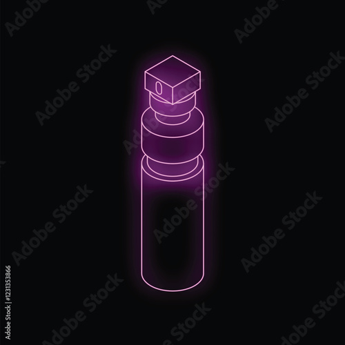 Purple neon sign is glowing in the shape of a spray bottle on a dark background