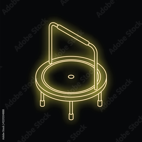 Yellow glowing neon sign representing a children's trampoline with a safety handle, viewed in isometric perspective on a black background
